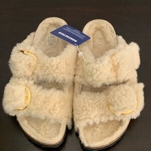 Birkenstock Arizona Teddy Sandals with Gold Buckles
